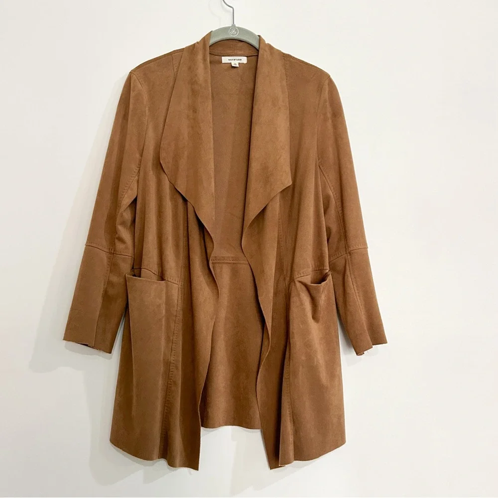 Max studio luxe faux suede topper duster cardigan jacket brown tan - Picture 2 of 5